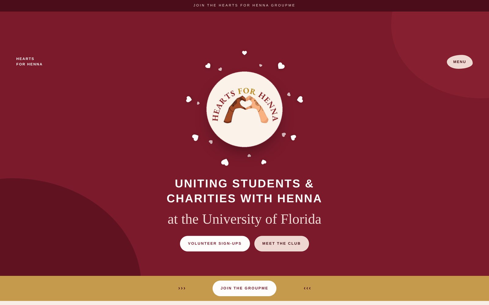 Hearts for Henna home page: burgundy hero with the club logo and volunteer sign-up buttons