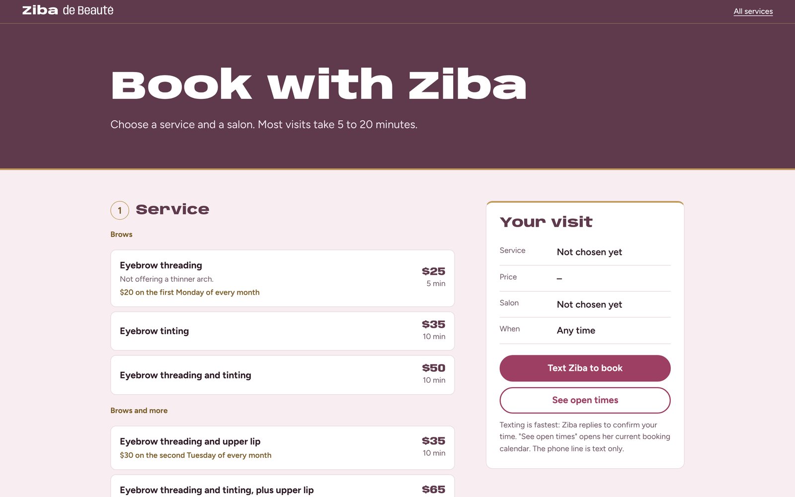 Booking page with service list and a visit summary